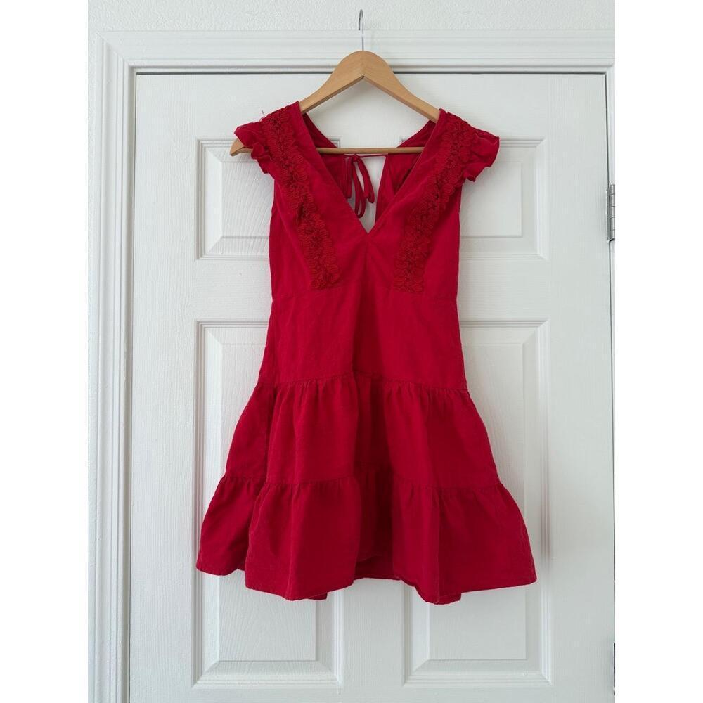 100% Cotton Red Flutter Sleeve Dress Small flaw